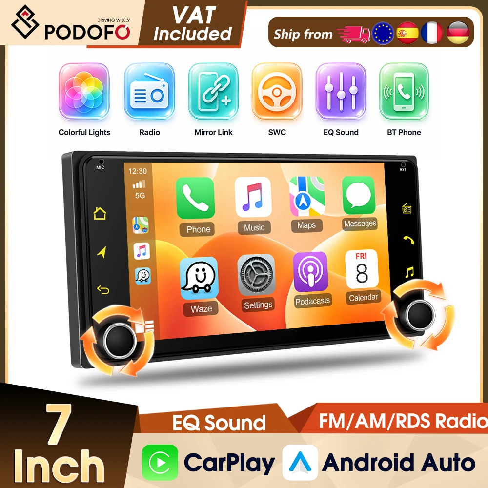 Podofo Autoradio Stereo 7" 2Din Auto MP5 Videoplayer für Toyota Prado 4Runner Tundra Fortuner Alphard Echo Land Cruiser 100 Autoradio Wireless CarPlay Android Auto AM FM RDS