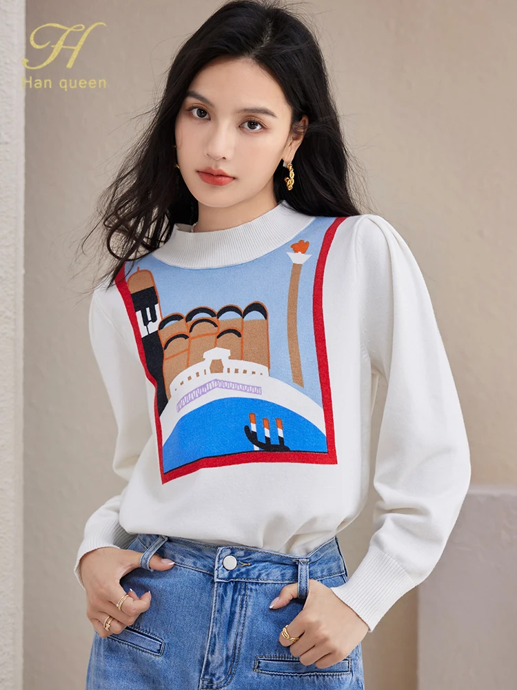 H Han Queen 2023 Autumn Winter Tops Korean Loose Pullovers Sweaters Chic Long Sleeve Prints Knitted Bottoming Sweater Women's