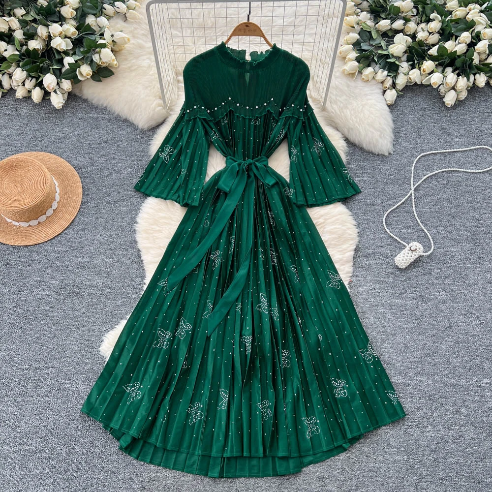 Chic vintage sexy long sleeve butterfly  Ruched A-line Dress Fashion korean fashion Slim summer Elegant robe dresses