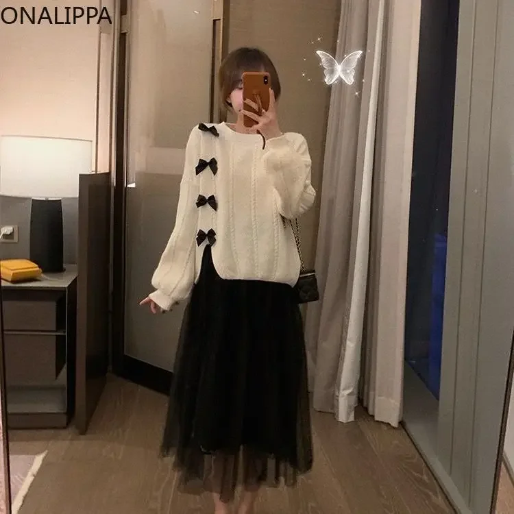 Onalippa Sweet Bows Hemp Pattern Sweater O Neck Split Long Sleeves Knitted Pullover Japanese Gentle Wind Kawaii Sweaters Women