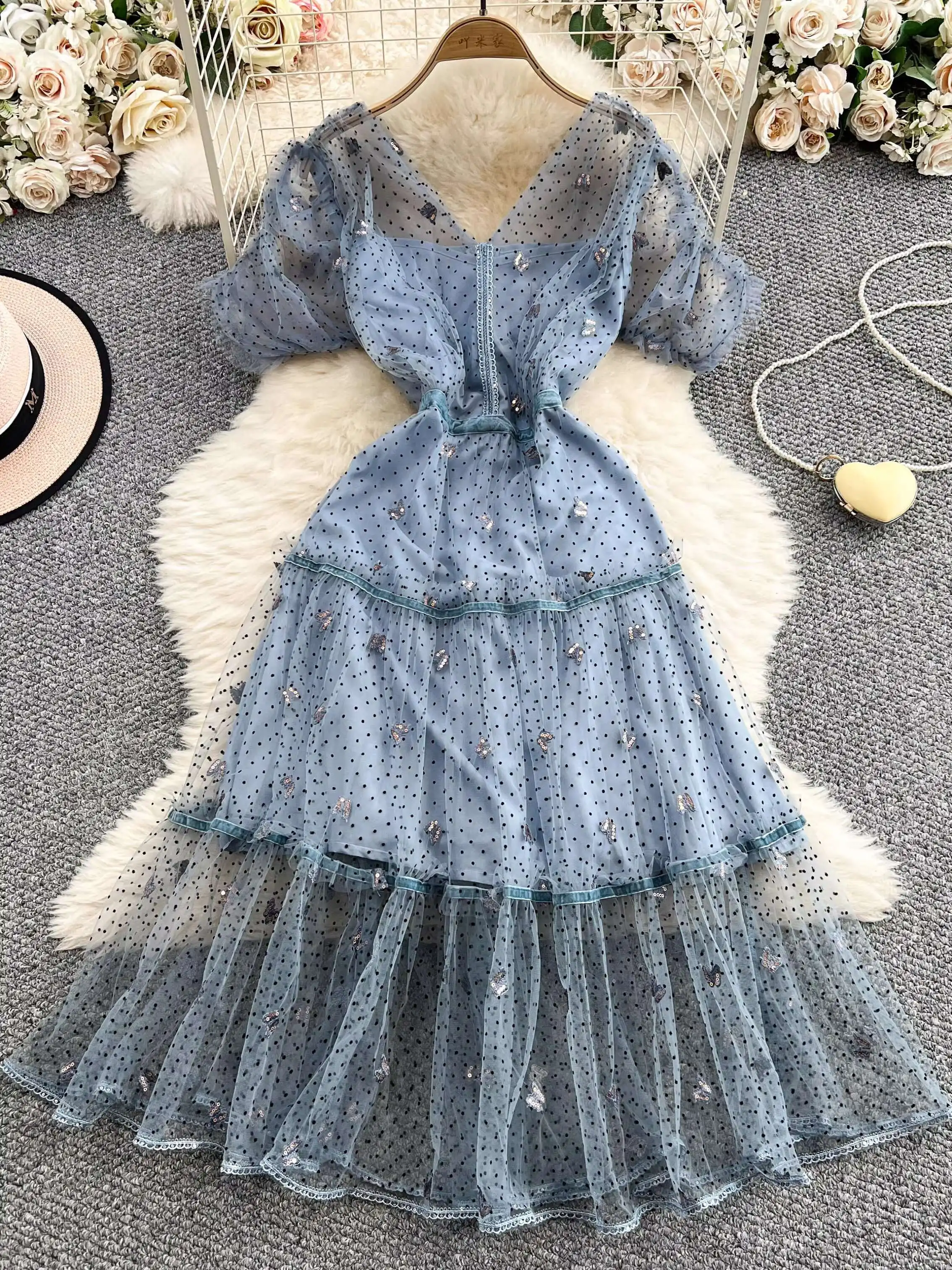 Robe longue brodée élégante pour femmes, manches courtes, points papillon, mi-longue, robes de bal de luxe au Crochet, robes de soirée, été