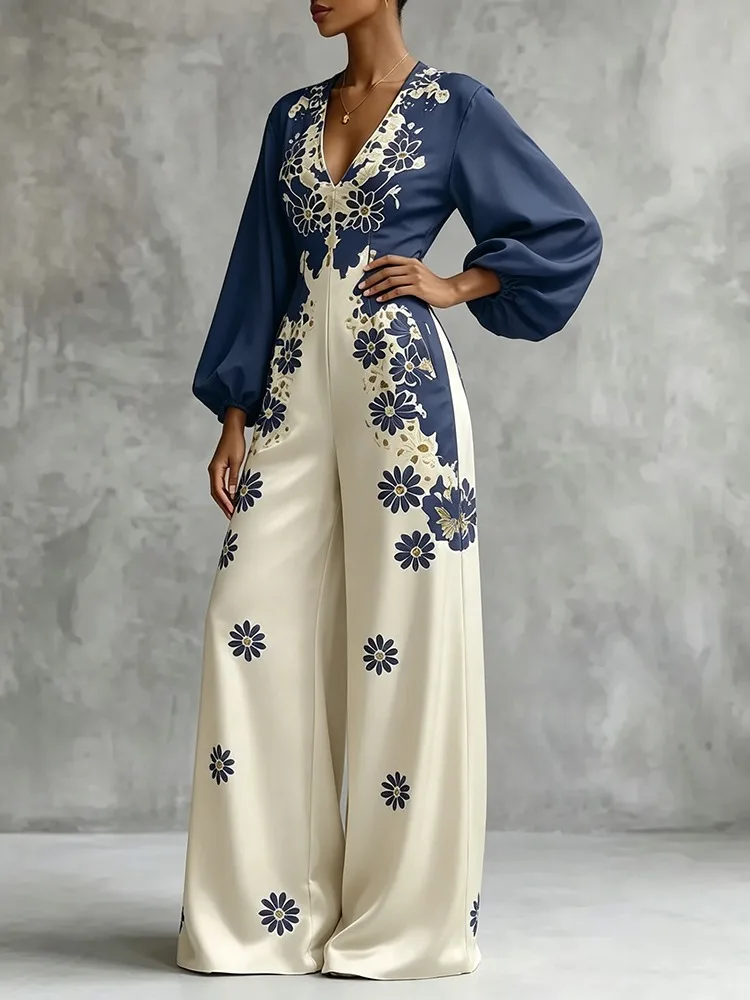 UOOZEE 2026 New Vintage Floral Printed Wide Leg Jumpsuits for Women Loose V-Neck Puff Sleeves Elegant Party Casual Overalls