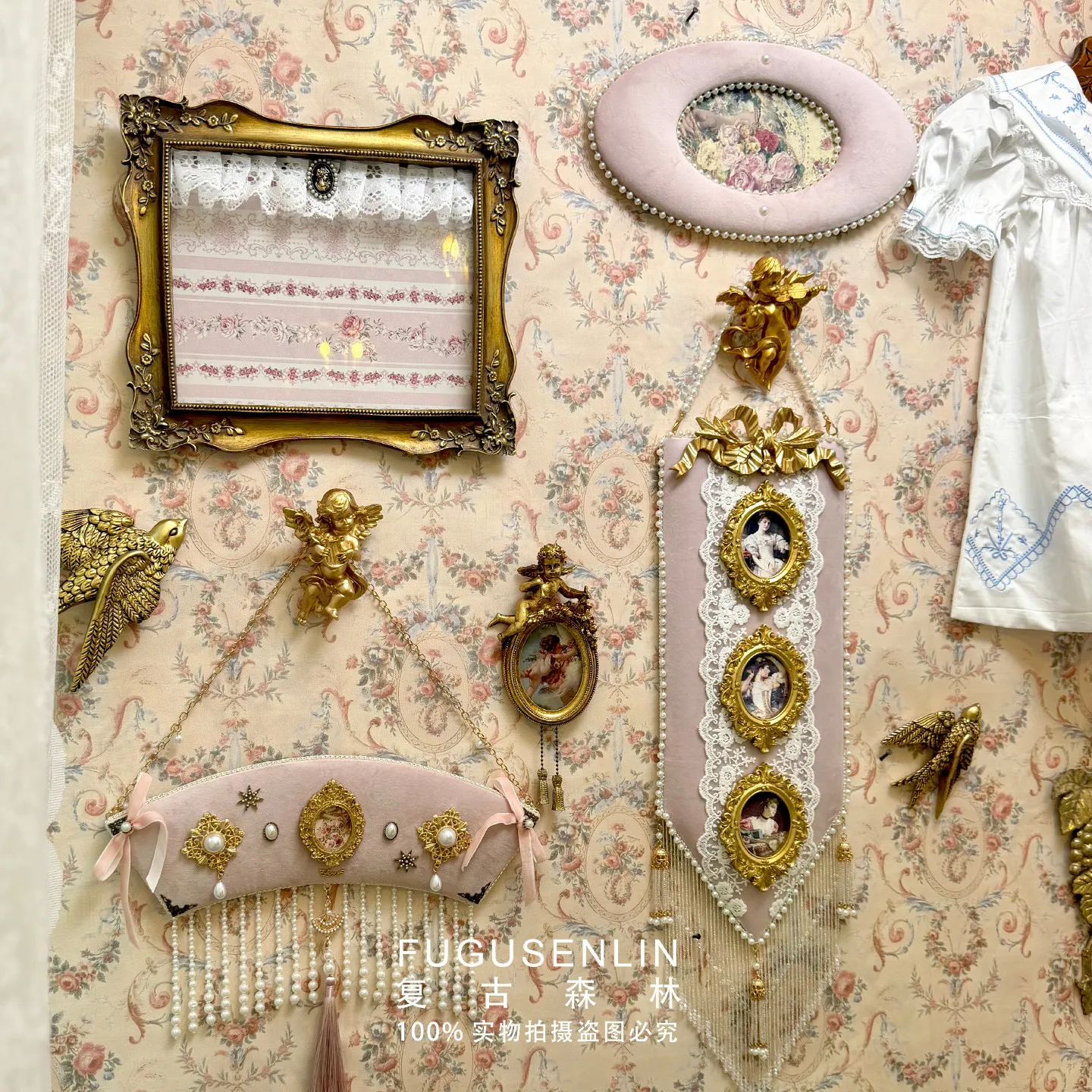 1PC Light Luxury Palace-style Pink Velvet Embossed Painting Frame Wall Hanging Photo Wall for Decorating Daughter's Room