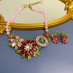 Vintage Sweet and Warm Flower Shining Rhinestone Heavy Industry Vintage Palace Style Necklace Earnail Jewelry Set