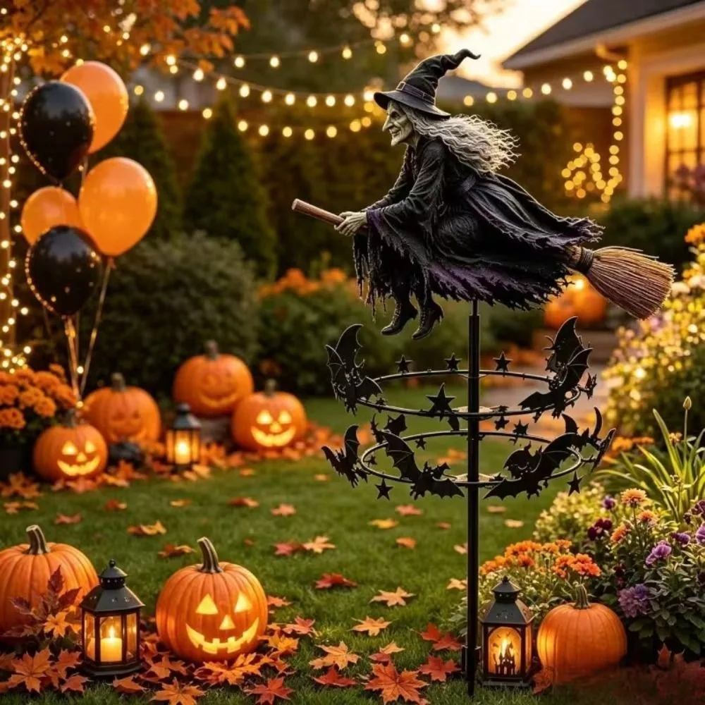 Witch and Bat Pattern Halloween Witch Garden Windmill Metal Halloween Yard Art Outdoor Decor Halloween Windmill Garden Pole