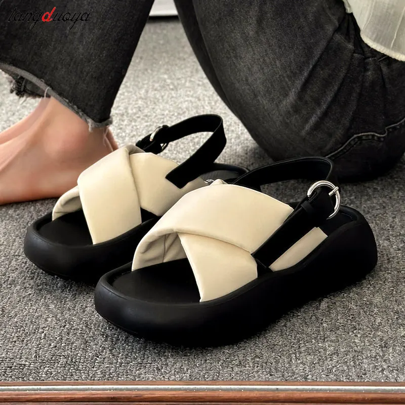 

New 2024 Summer Women platform Sandals High Platform Leather Flip Flops Beach Comfort Casual Thick Bottom Slides Sandals Woman