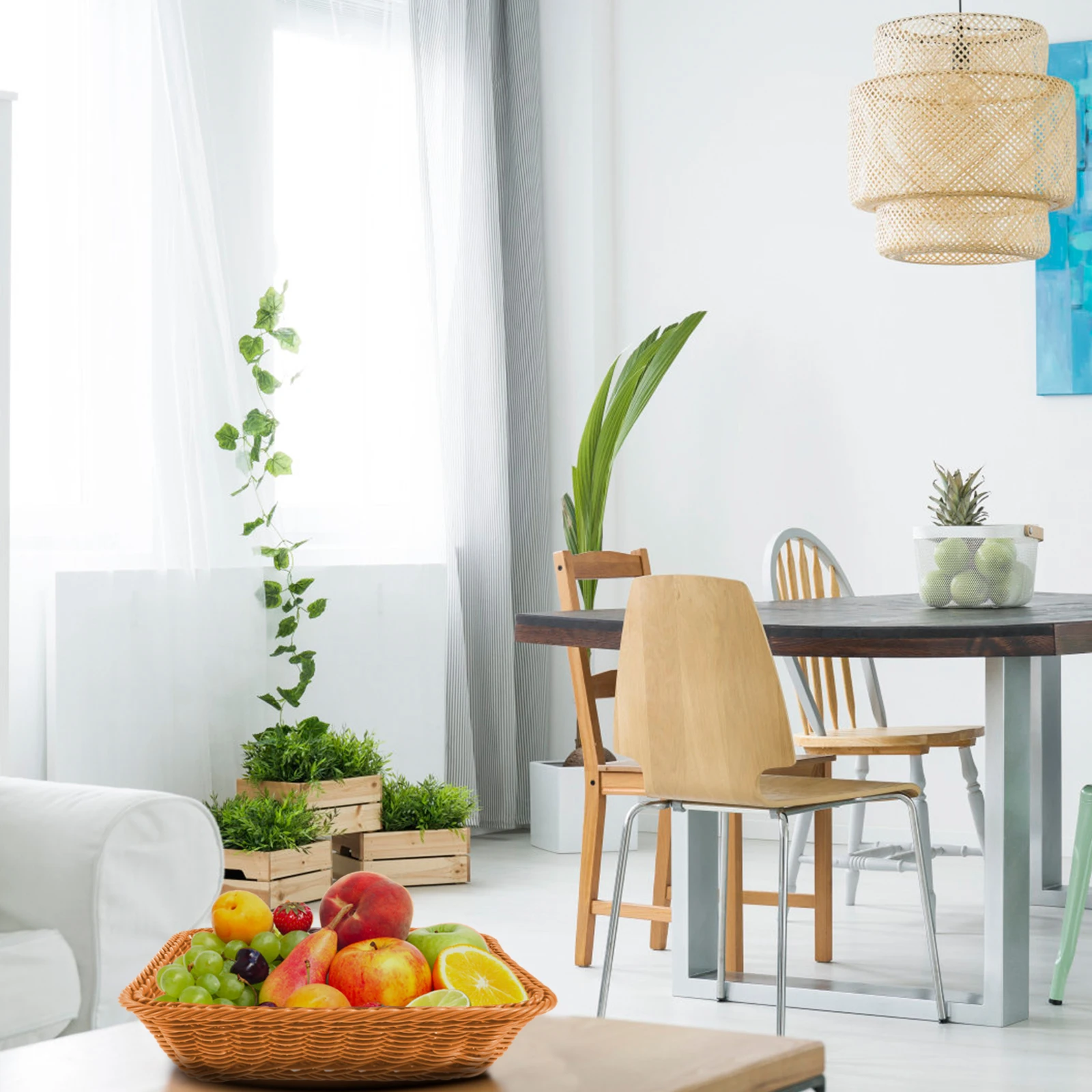 

Chic Woven Basket Rectangular Round PP Food Holder Natural Storage Kitchen Home Decor Fruit Basket Creative Design High Quality