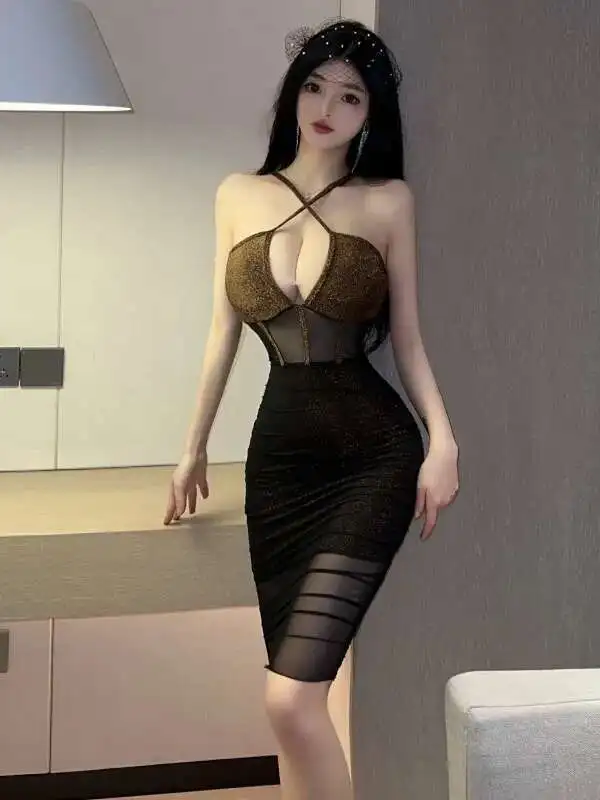 Womengaga sexy picante menina boate dupla camada emenda pendurado cinta pescoço pendurado baixo peito com decote em v vestido apertado elegante e8ko