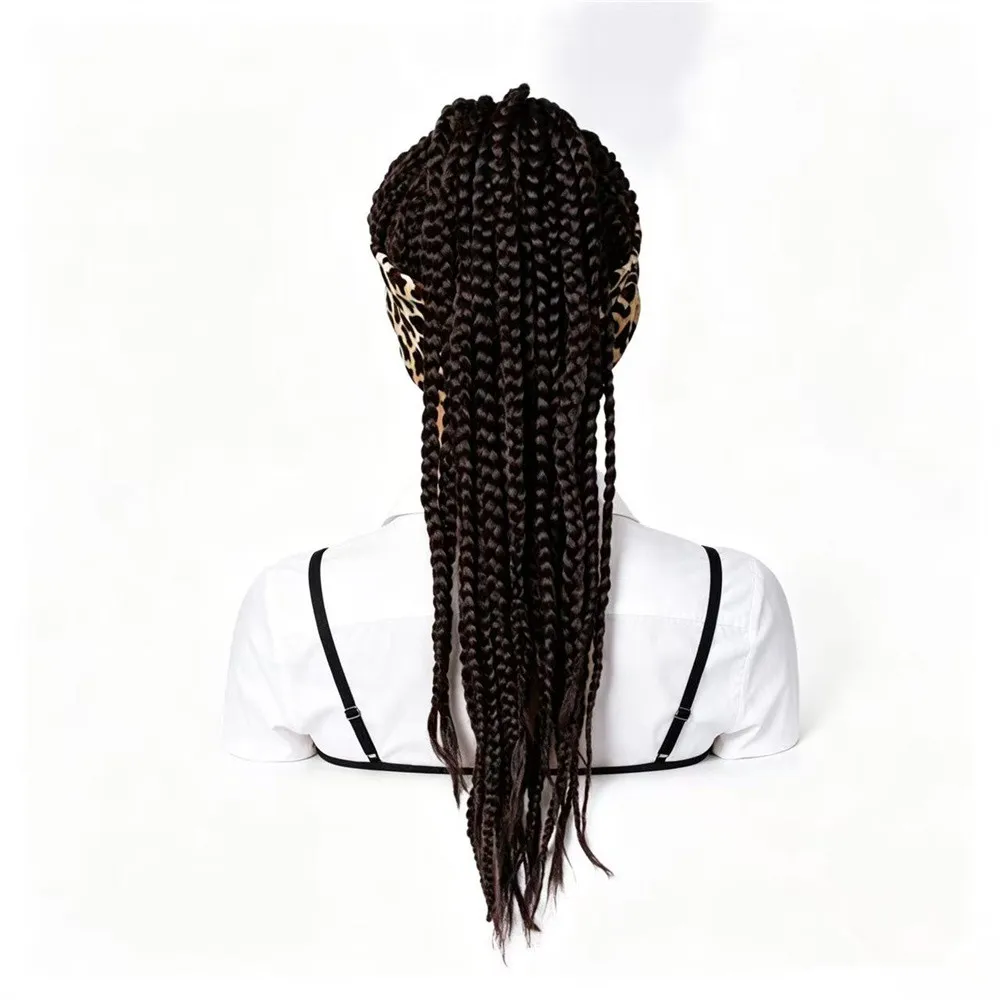 Headband Wig Synthetic Braided Wig for Women Long Box Braid Wigs with Leopard Print Headwrap Heat Resistant Fiber Braids Wig