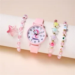 Pink Unicorns Children Watch Set For Girls Cute Horse Patterns  Silicone Kid Wristwatch