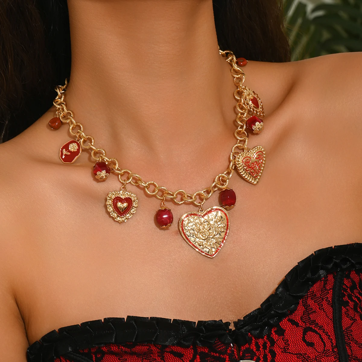 Chunky Gold Plated Charm Necklace Heart Pendant Burgundy Red Beads Enamel Rose Dainty Adjustable Summer Trendy Jewelry