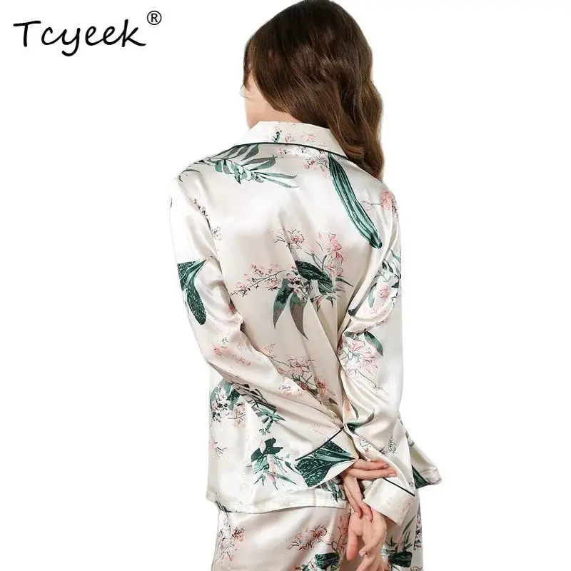 

Tcyeek, 100%Real Silk Pajamas Set, Women Flower Printing, Casual Fashion Retro Sleeping Homewear, 2024 Spring Summer S439100QM