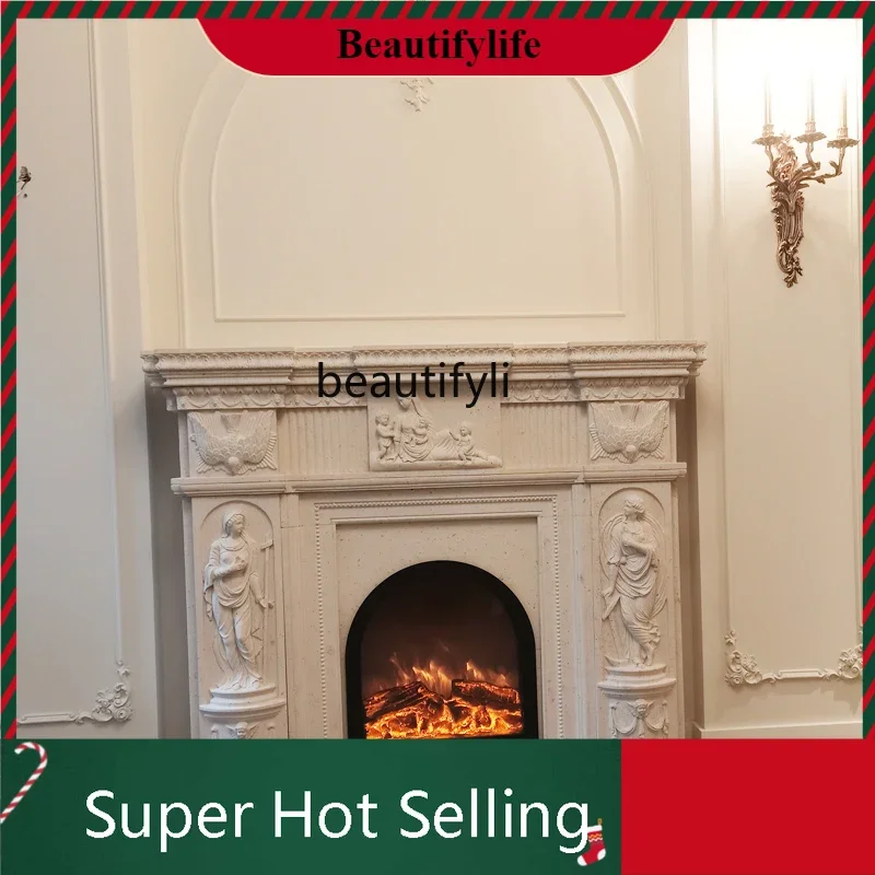 KK32  Marble fireplace European marble carving relief flower living room background wall fireplace