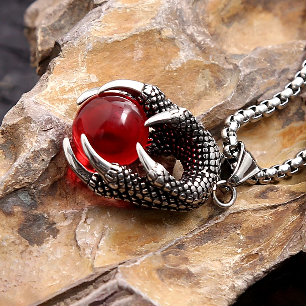 Fashion Punk Dragon Claw Pendant Necklace For Men Women Vintage Stainless Steel Red Crystal Ball Necklaces Party Jewelry Gifts