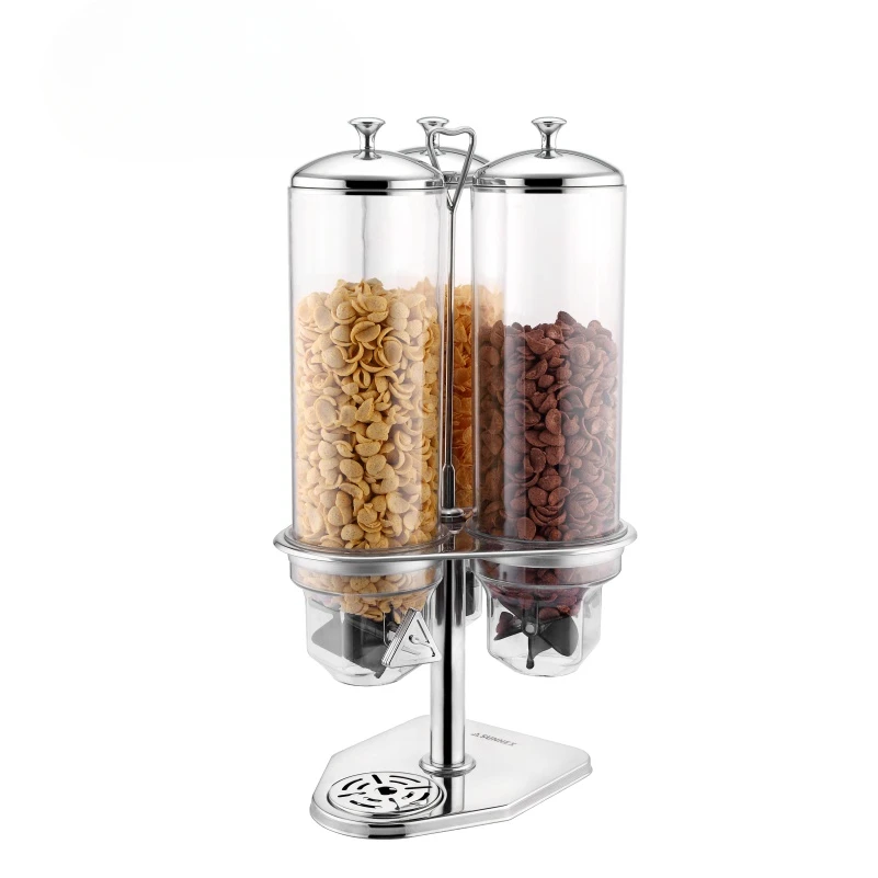 Triple Tubes 12L Classic Space Saving Rotating Cereal Dispensers for Hotel Buffet Restaurant Snacks Container