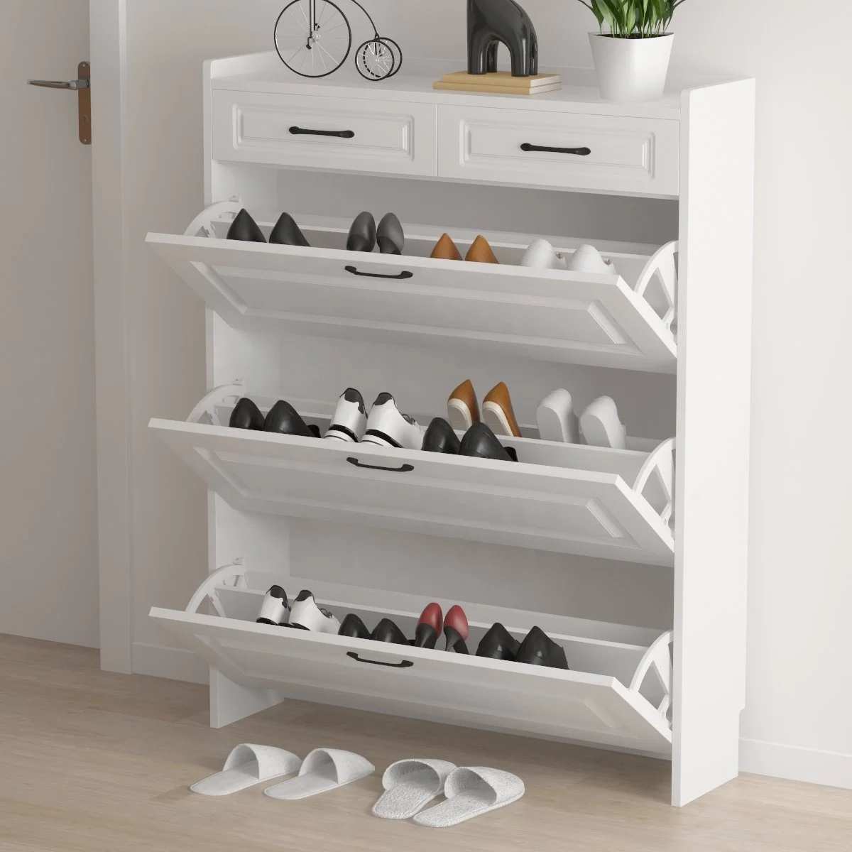 Commercial Stackable Modern Design Wood Extendable Shoe Shelf Narrow Wooden Shoes Storage Shoe Rack with Storage Cabinet