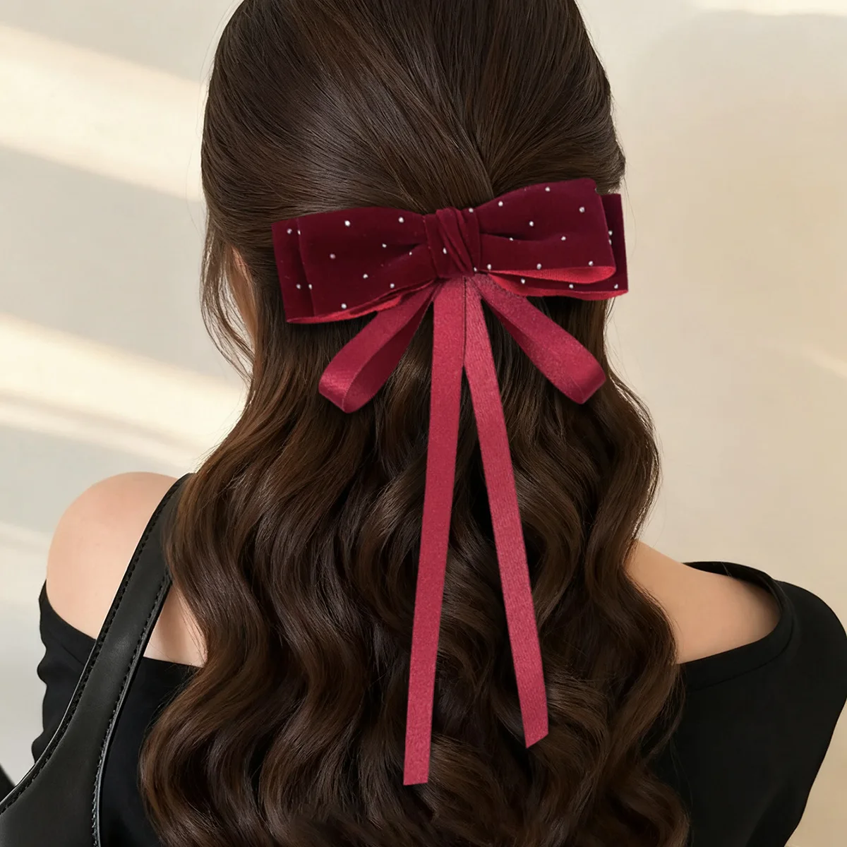 24pc Velvet Long Tassel Bow Hair Clips Dot Spot Print Side Hairgrips for Women And Girls Christmas Hair Accessories Bulk
