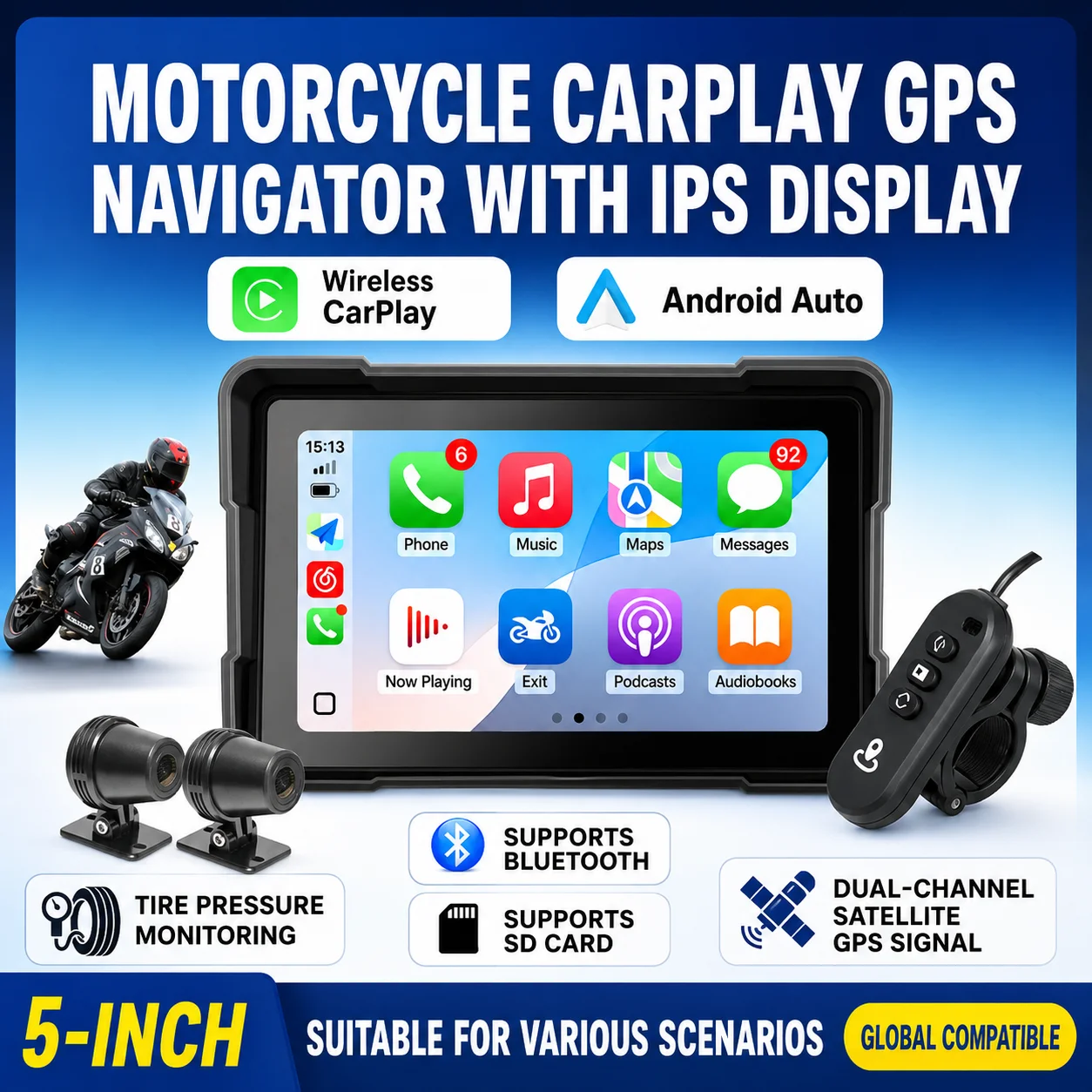 5 Inch Motorcycle GPS Navigation DVR Carplay Screen for Moto Dual Cameras Drive Recorder IPX7 Waterproof Moto Monitor