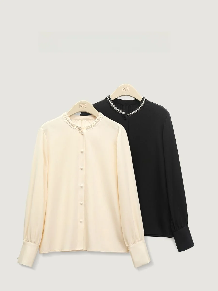 

Шелковая блузка Spring Language 2026 весом 22 момме с длинным рукавом, воротником, украшенным жемчугом, премиум-класса, для женщин, идеального кроя