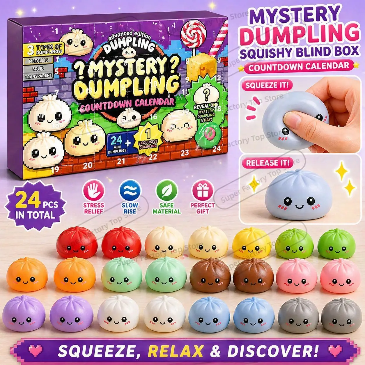 Surprise Dumpling Blind Box Countdown Calendar 24 Day Stress Relief Squeeze Toy Set Kids Teens Women Desk Party Table Decor Gift