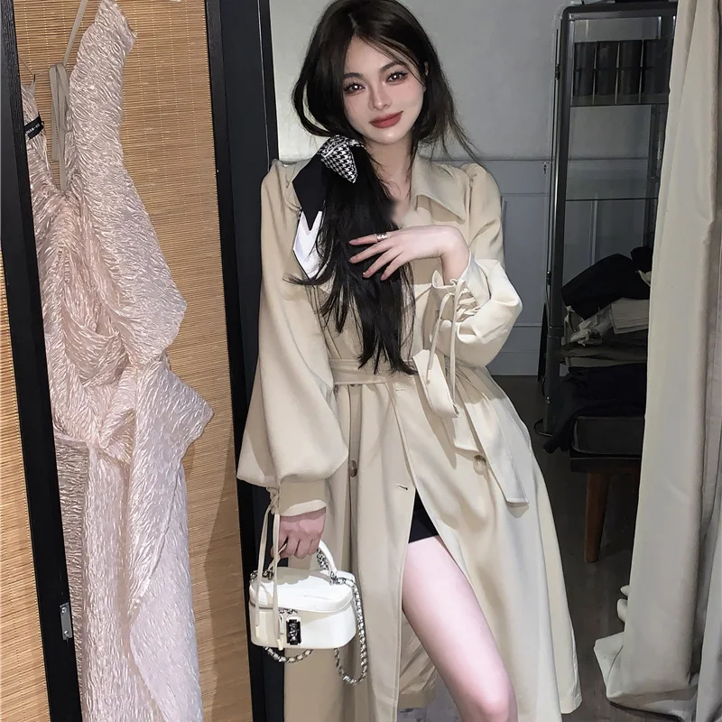 

Khaki Color Long Waist-Cinching Casual Sli Women's Coat Briti Sle Windbreaker Autumn New Faion Outerwear