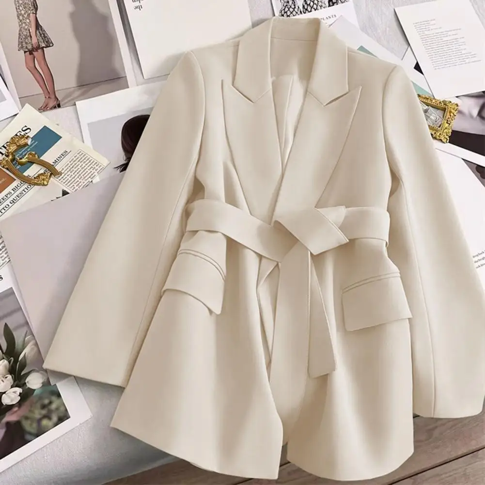 Work Office Coat Formal Business Style Women's Suit Coat with Belted Waist Slim Fit Long Sleeve Office Coat for Ol Commute Daily