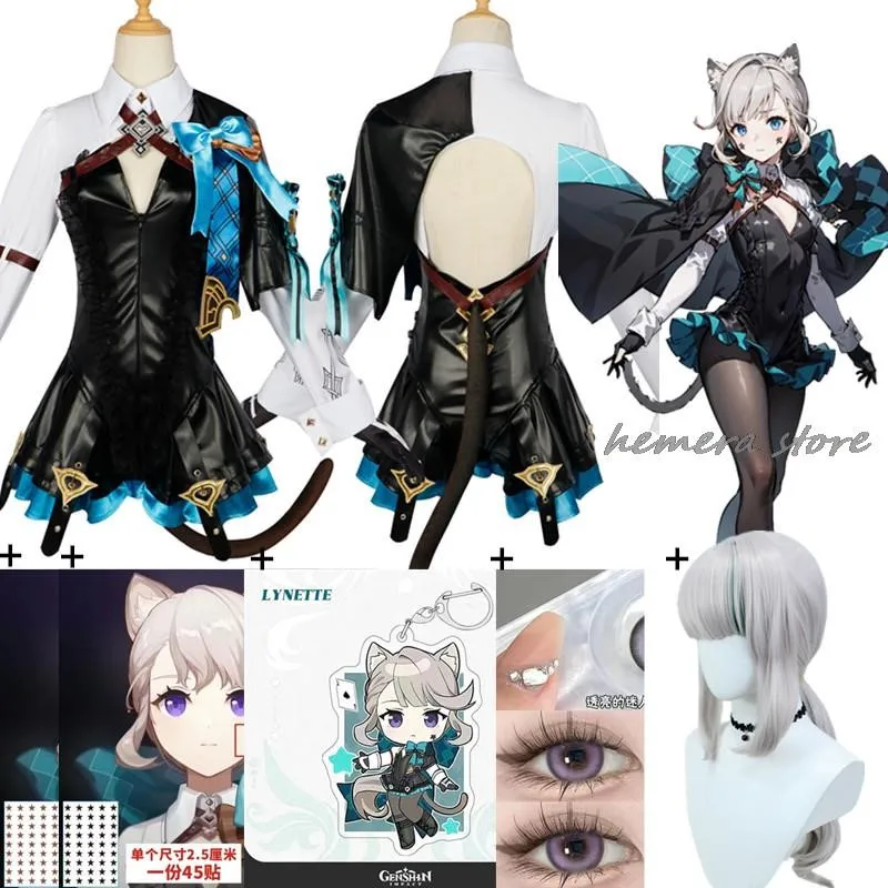 Lynette Cosplay Genshin Impact Costume Parrucca Fontaine Lyney Uniforme in pelle Abito Capelli lunghi Orecchie Gonna Guanto Vestito Coda Mago