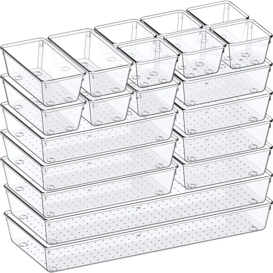 

Drawer Organizer, 5Size Versatile Bathroom and Vanity Organizer Trays, 20 Pack Clear Plastic Kitchen Drawer Organizers Set, Stor