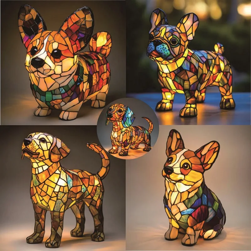 LED 3D Cute Corgi/Pug/Cat Magic Colorful Lamp Art Stained Resin French Tabletop Night Light Room Bedroom Home Desktop Decoration
