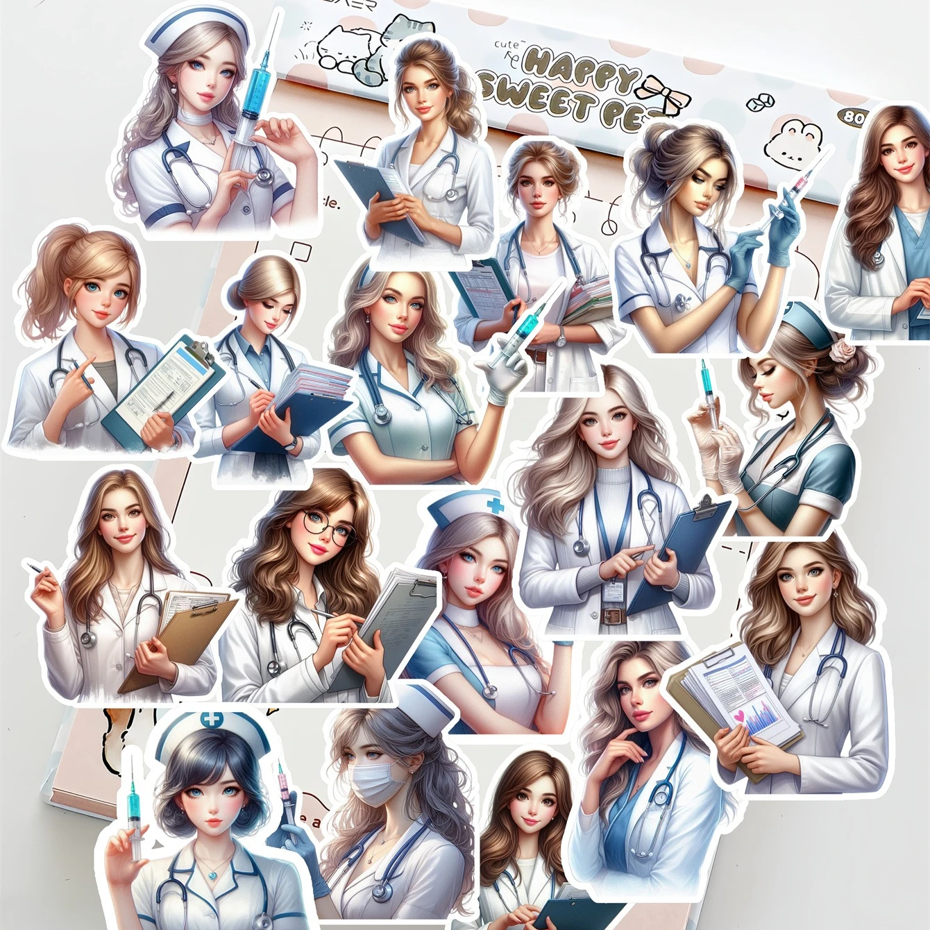 19pcs Watercolor Cartoon doctor, nurse, girl Stickers, for Luggage Notebook,Diary, Album Decoration, DIY Stationery Scrapbooking