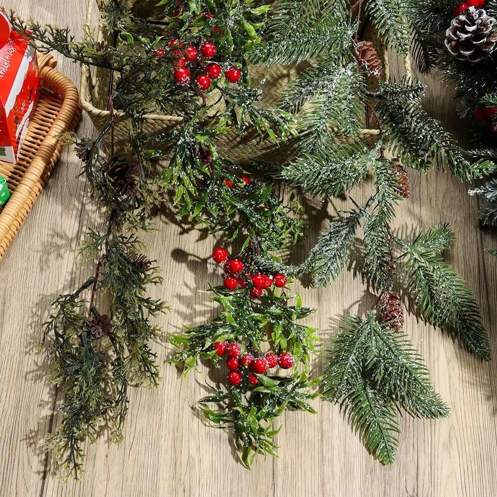 Stairs Leaves Branches Wedding Party Hanging Wreath Pine Cones Vine Artificial Red Berries Christmas Decorative Garland