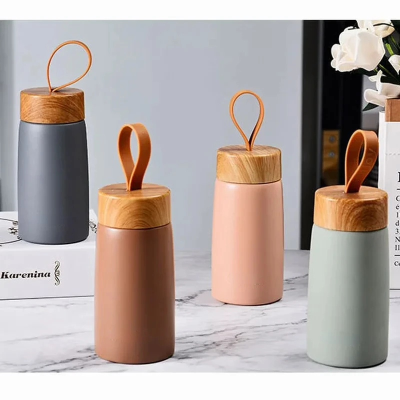 Double Wall Insulated Thermos 304 Stainless Steel Vaccum Flask Outdoor Portable 280ml Wood Water Cup Mini Vacuum Water Bottle