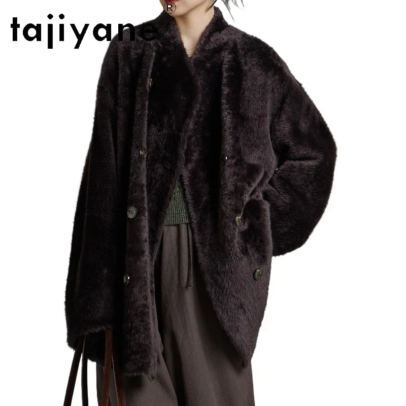TAJIYANE Soft Merino Lamb Fur Shearling Jackets Loose Outerwear Stand Collar Real Fur Coat Woman Fourrure Mid Length Overcoat