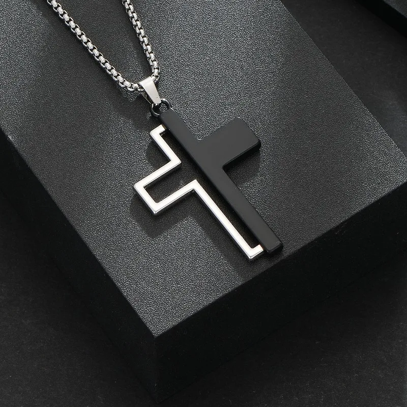 

Custom LOGO Black and White Concave Convex Cross Pendant Personalized and Simple Necklace Long Sweater Chain Accessories Gift