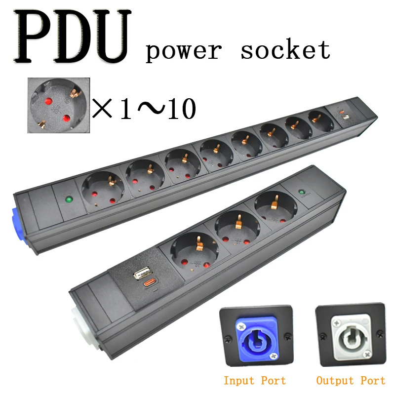 PDU power strip Network cabinet rack Aviation Input/Output 1-11AC EU socket with LED USB Type-C 15W port  No switch