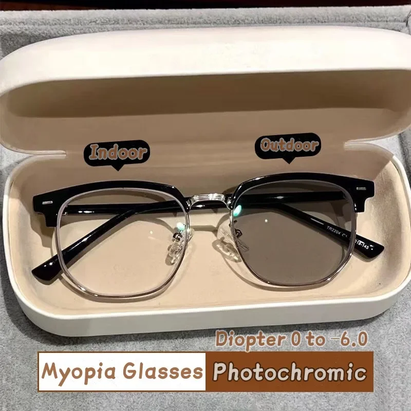 Fashionable Photochromic Glasses Men Women Oversized Myopia Eyeglasses Outdoor Color Changing Short-sighted Eyewear Diopters