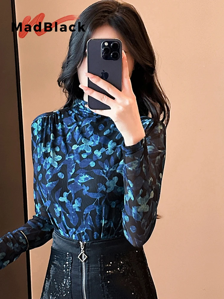 

MadBlack-Женская европейская футболка, сексуальный воротник с принтом, клубная одежда с длинными рукавами, тонкая сетчатая трикотажная футболка S-3XL, новинка осени 2023 года T5O317CC