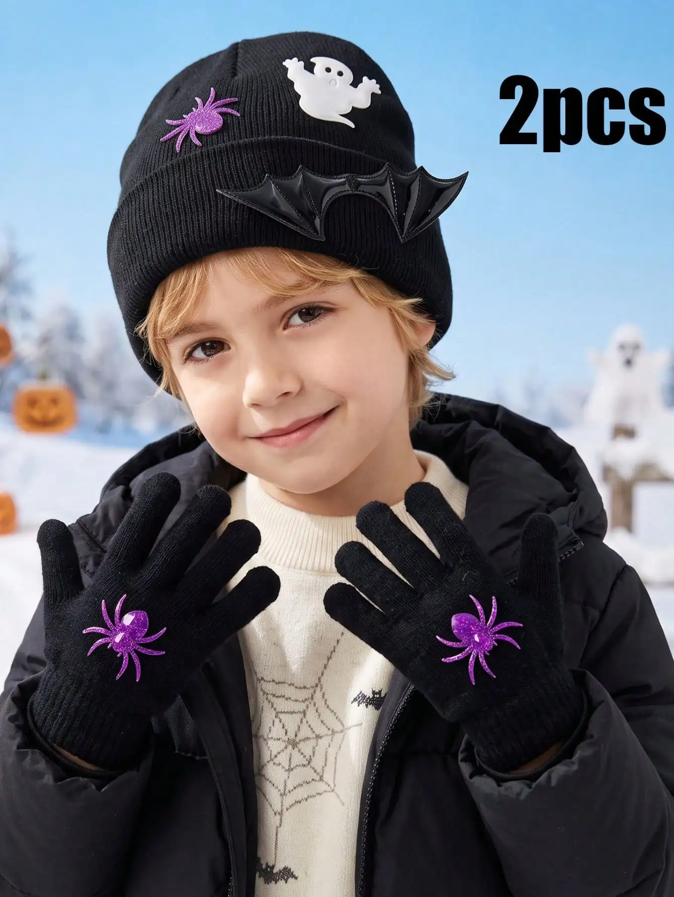 2pcs 3-8Y Cute Boys Kids Knit Hat & Gloves Set, Halloween Ghost Spider Bat Decor 2-Piece Kit