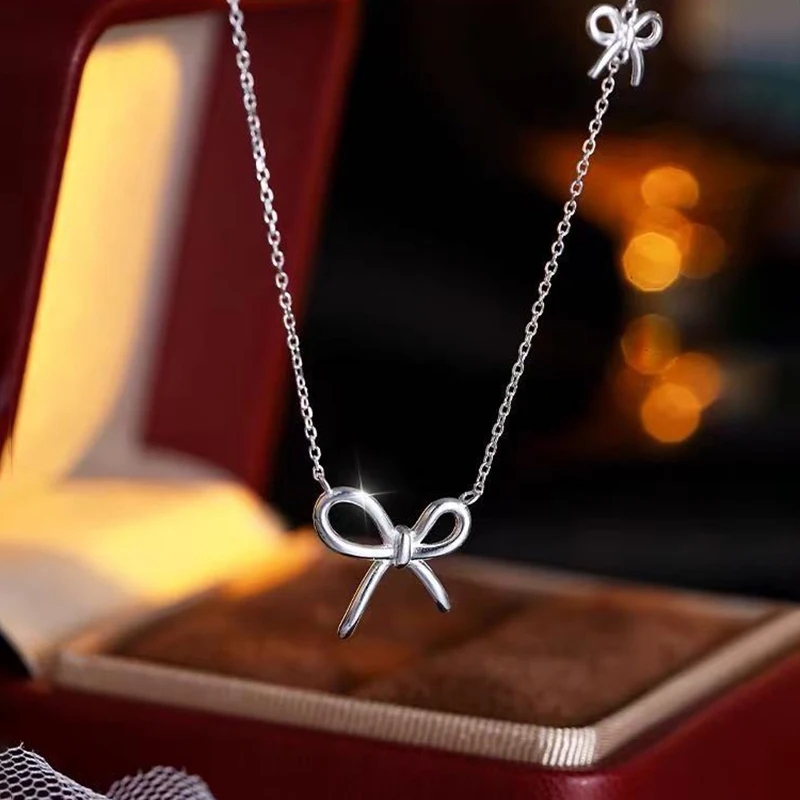 Real 925 Sterling Silver Hollow Bowknot Choker Necklace For Women Party Classic Fine Jewelry Advanced Accessories