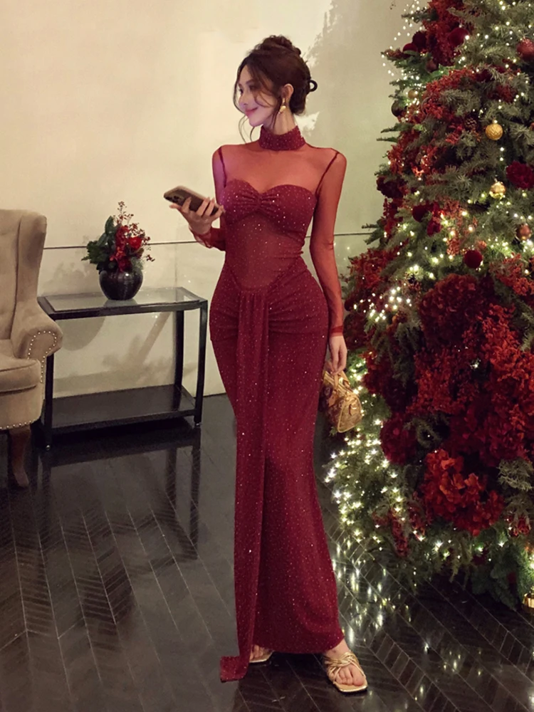 ReddaChic Lovertjes Mesh Maxi Jurk Rode Holle Coltrui Shirred Bodycon Avondjurk Cocktail Party Sexy Vrouwen Kleding