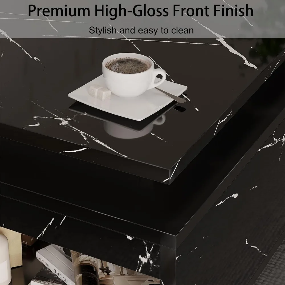 LED Coffee Table with Storage, Black Coffee Table with Wireless Charging and Speaker, High Glossy Modern Center Table with 24 Co