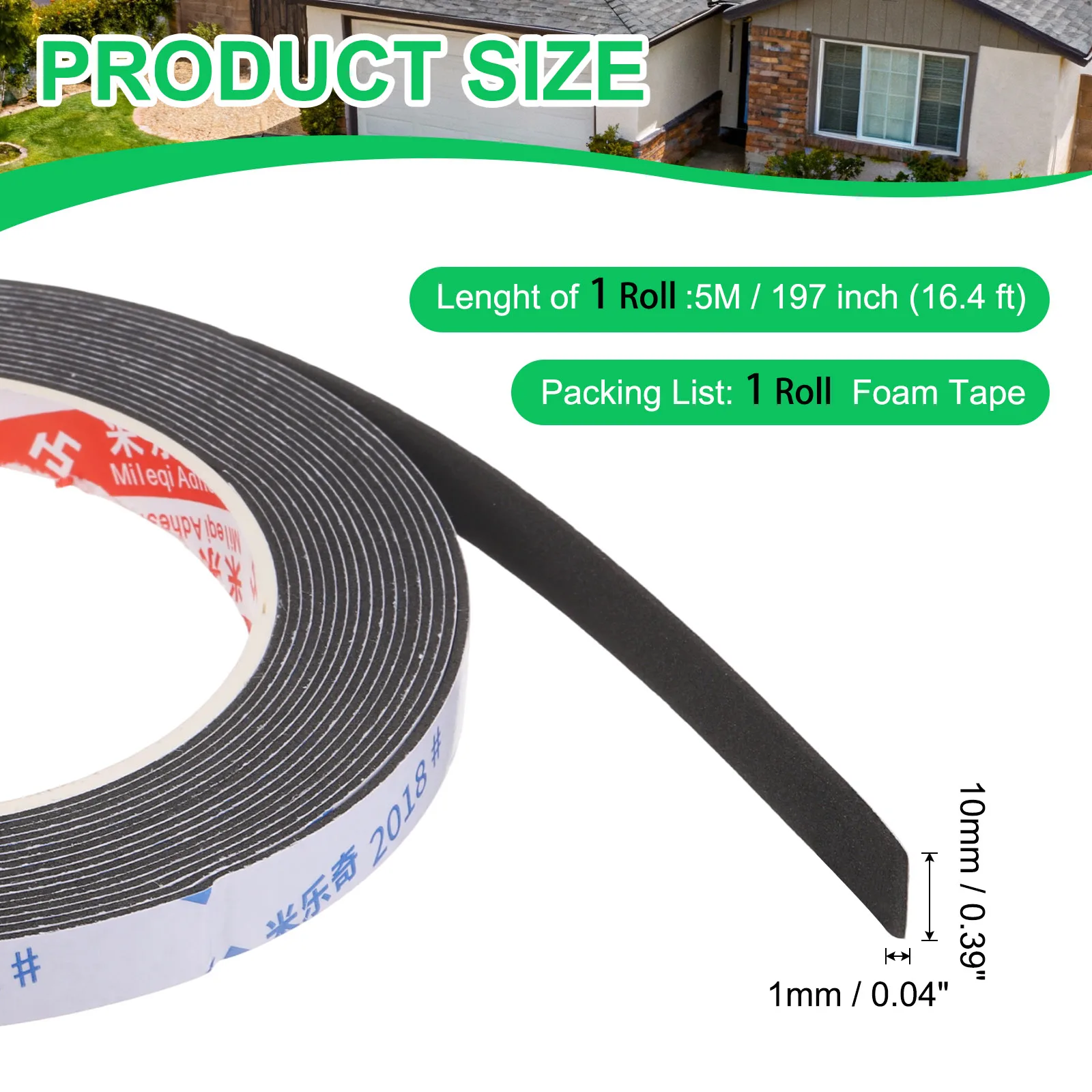 1Roll 5M Sponge Rubber Foam Tape Self-Adhesive Foam Insulation Tape Weather Stripping for Window Door Weatherstrip AC Seal Strip
