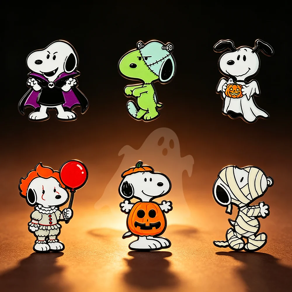 6Pcs Halloween Cartoon Dog Themed Enamel Pins Set Ghost Pumpkin Vampire Designs for Clothing & Backpack Decor Ideal Holiday Gift