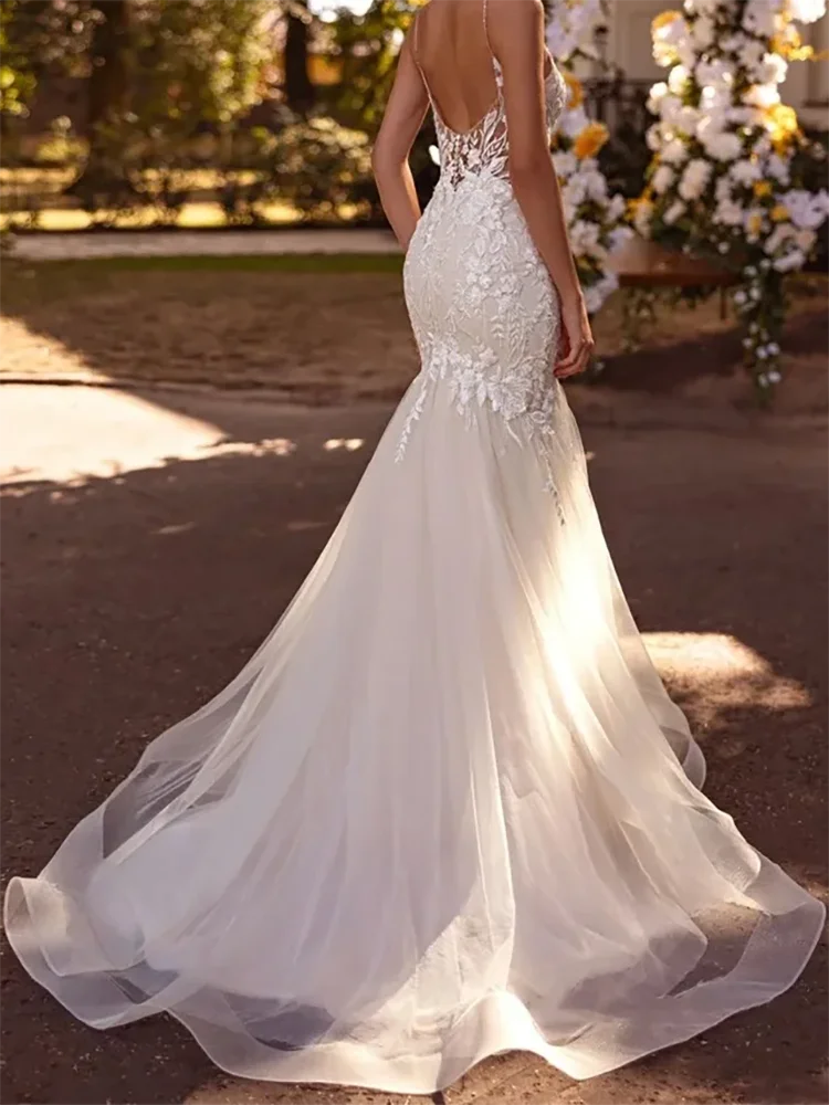 

Classic V-Neck Appliquins Lace Sleeveless Mermaid Bride Wedding Dresses Bridal Gowns Customized