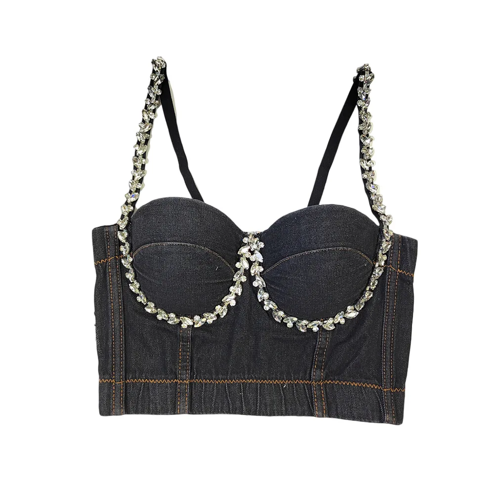 Hot Selling Women Corset Tops Outer Wear Underwire Bra Diamond Unique Shoulder Straps Bustier Denim Tube Top Fishbone Camisole