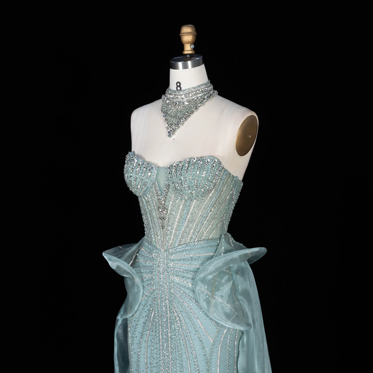 Sharon Said Abendkleid Luxuriöses Meerjungfrauenkleid aus Tüll mit Kristallen, Korsett und Perlen, Dubai Formelles Hochzeitskleid mit Überrock SS139 Maßanfertigung – Detail 20