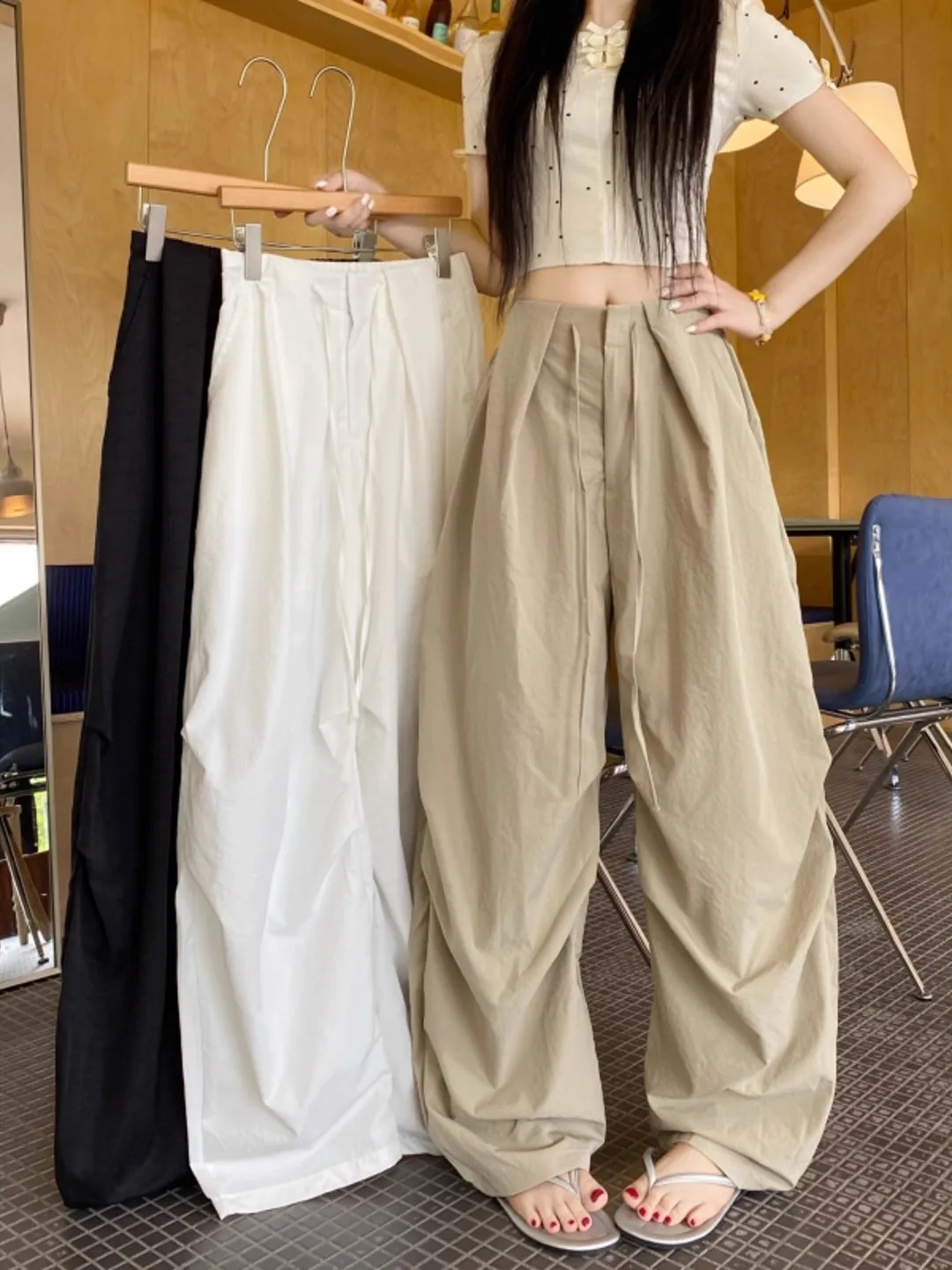 

Повседневные женские брюки с высокой талией и широкими штанинами, новинка ранней осени 2025 года, свободный крой, с завязками, струящиеся, прямые, в пол