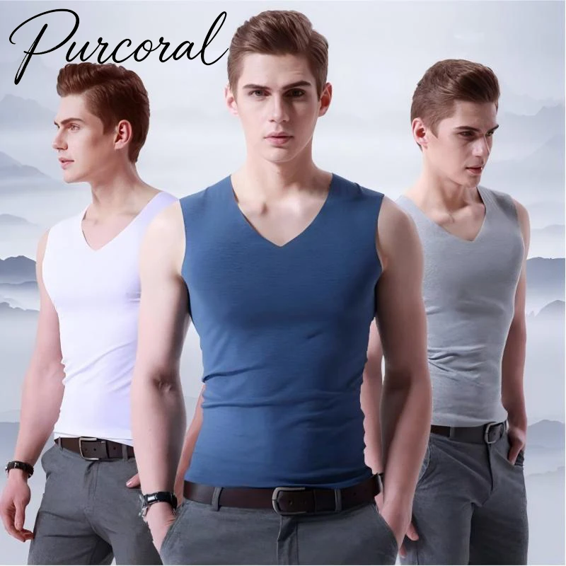 Purcoral 2026 Summer Men Seamless Vest V-neck Slim Sleeveless Tank Tops Solid Color Fitness Sports Muscle Undershirt