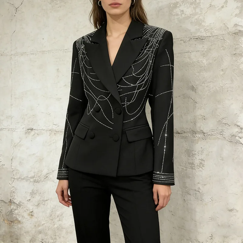 HKSH Women Blazer Elegant Tide Dark Heavy Diamonds Line Decoration Long Sleeves Stylish Double Breasted Design Suit-Coat HK24589