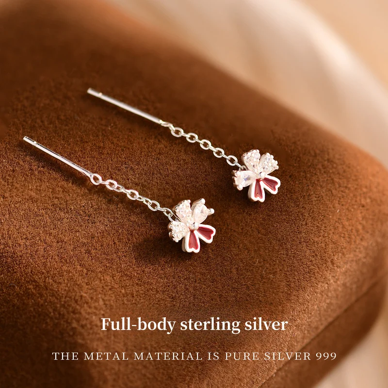 999 Solid Sterling Silver Red Flower Threader Stud Drop Earrings Set – Minimalist Versatile Light Luxury Exquisite Jewelry